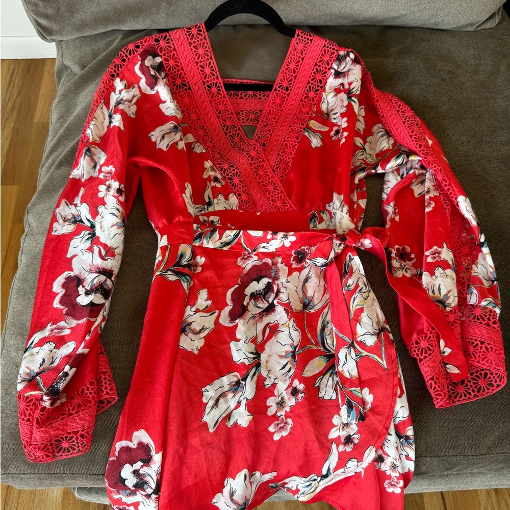 Red Floral Wrap dress with V neck